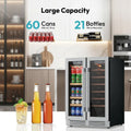 24 Inch Dual Zone Beverage Wine Fridge 60 Can 21 Bottle Glass Door Built-In Digital Touch Control Home Office Bar