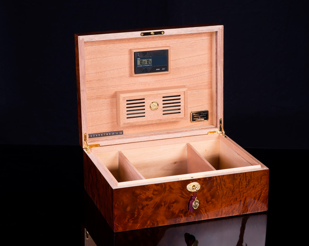 Daniel Marshall Limited Edition Humidor - 165 Cigar Capacity - Burl - open