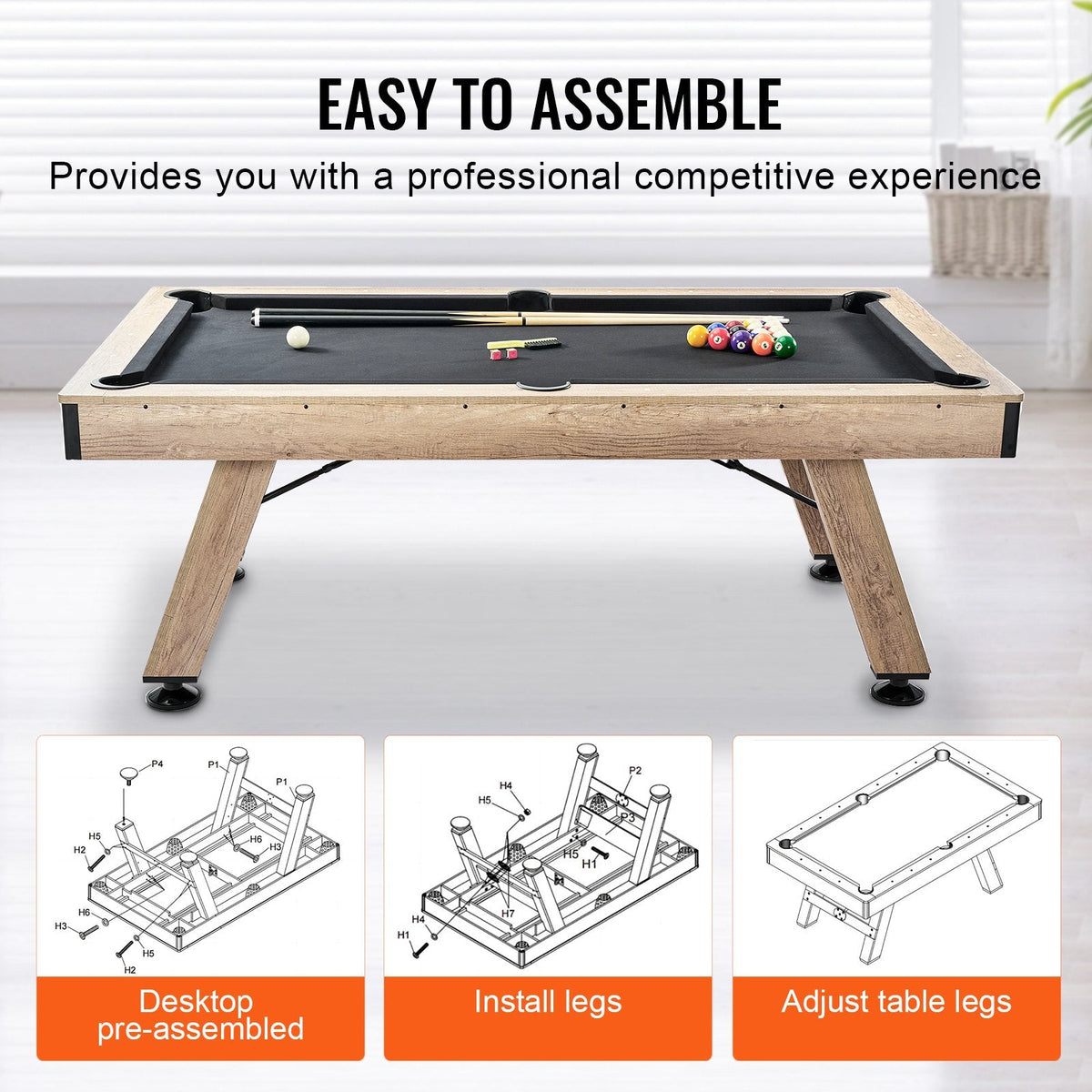 Billiards Table, 7 Ft Pool Table, Adjust Legs Stable Billiards Table, Pool Table Set Includes Balls, Cues, Chalks And Brush, Wood Color With Black Cloth, Perfect For Family Game Room Kids Adults