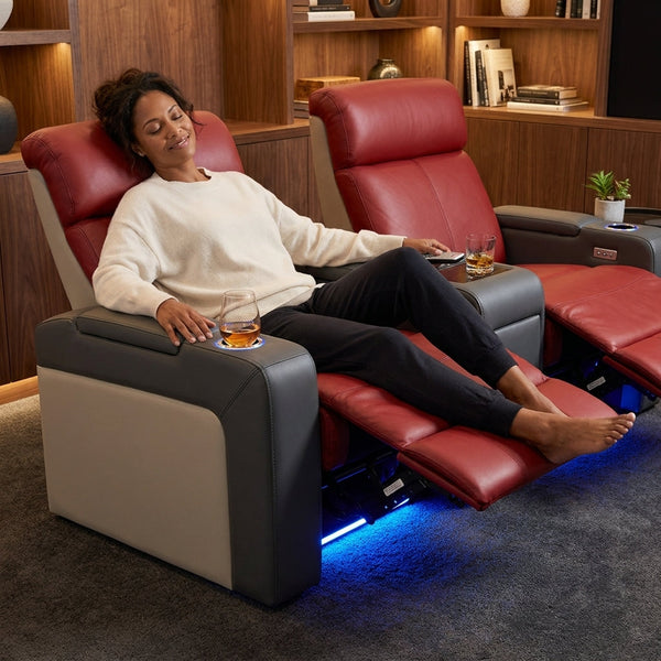 Home Theater Recliner Duo Built for Cinema Luxury, Italian Leather, LED Lighting, Wireless Charging