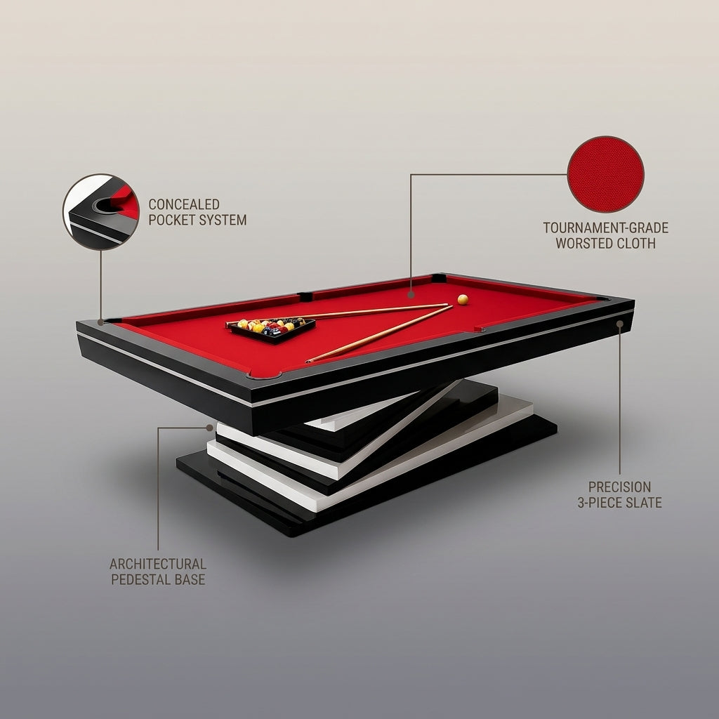 Pool Table Built for Tournament Play, 3-Piece Slate, Worsted Cloth, Concealed Pockets — infographic