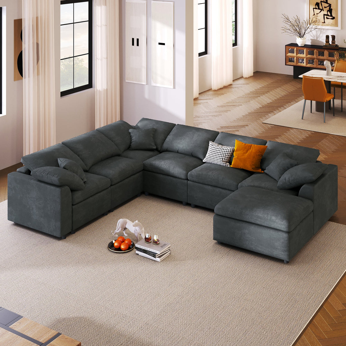Extra Large Modular Sectional Sofa with Chenille Upholstery - Gray
