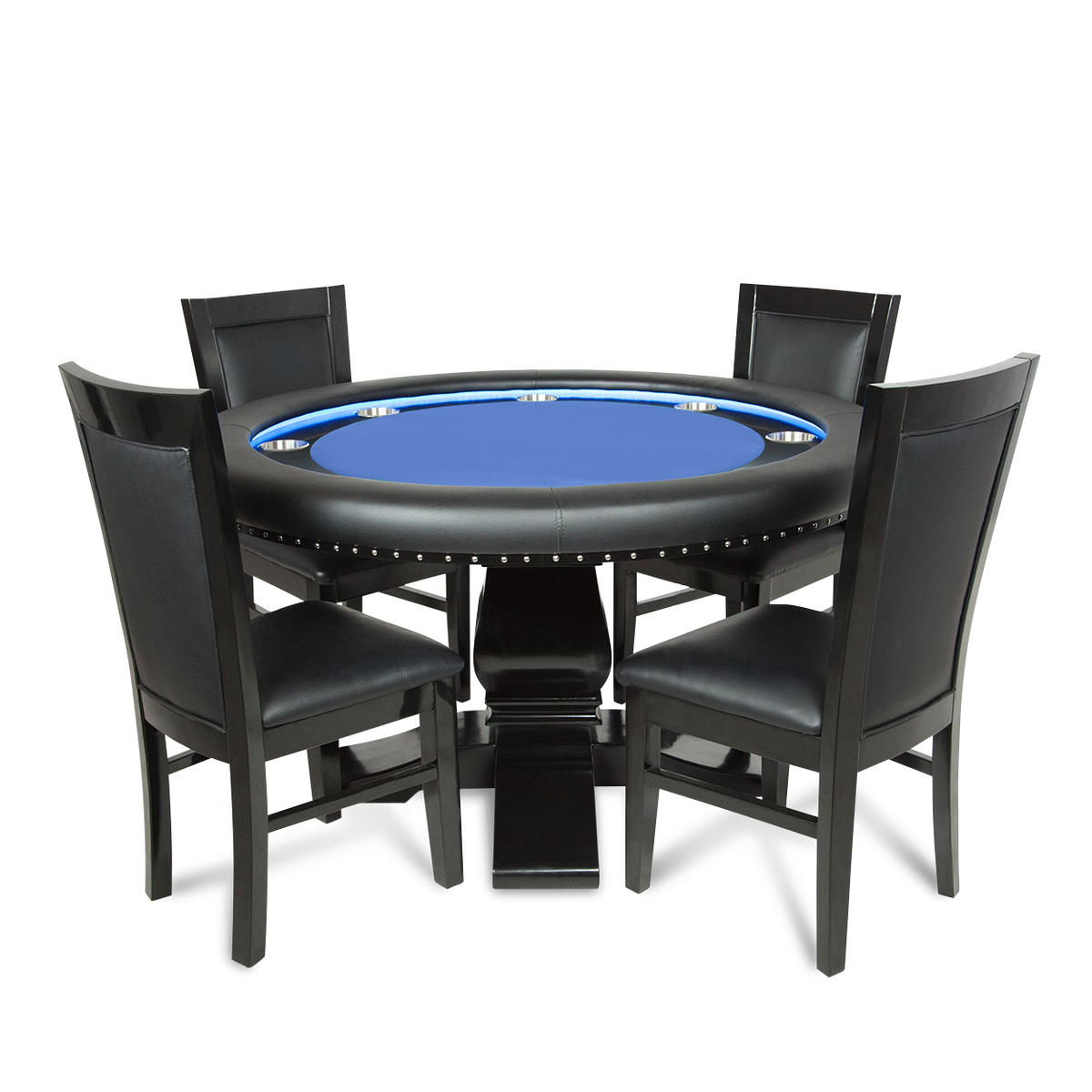 Ginza LED Round Poker Table w/ 4 Matching Dining Chairs - Blue Velveteen