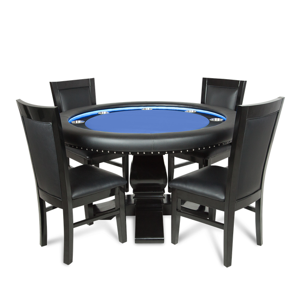 Ginza LED Round Poker Table w/ 4 Matching Dining Chairs - Blue Velveteen