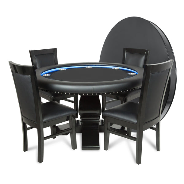 Ginza LED Round Poker Table w/ Round Dining Top & 4 Matching Dining Chairs - Black Velveteen