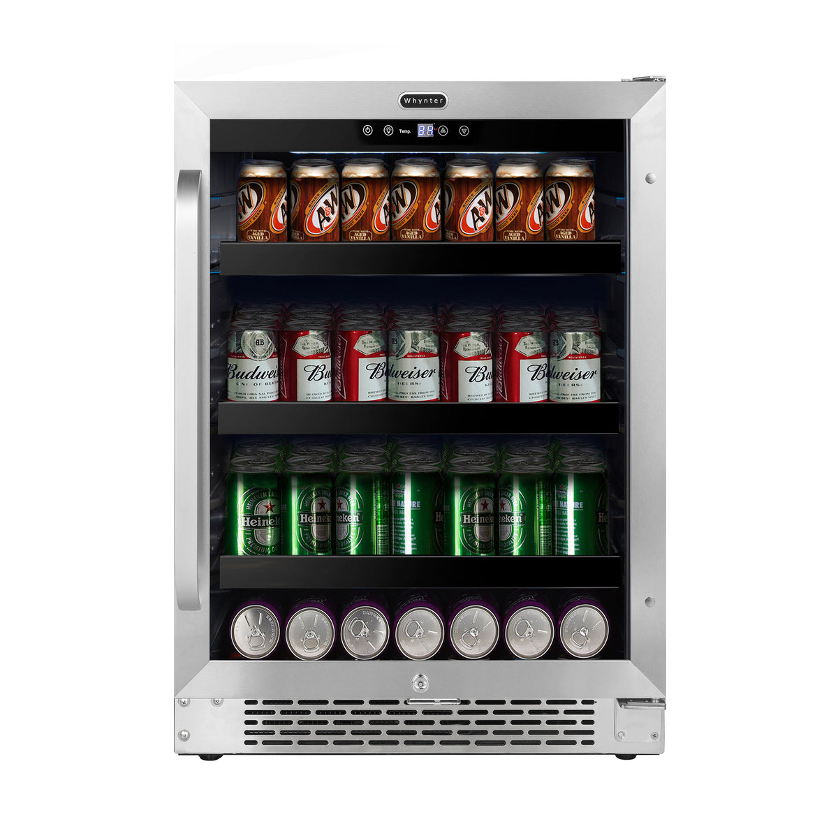 Whynter BBR-148SB 24 inch Built-In 140 Can Undercounter Stainless Steel Beverage Refrigerator cooler with Reversible Door, Digital Control, Lock and Carbon Filter - front view