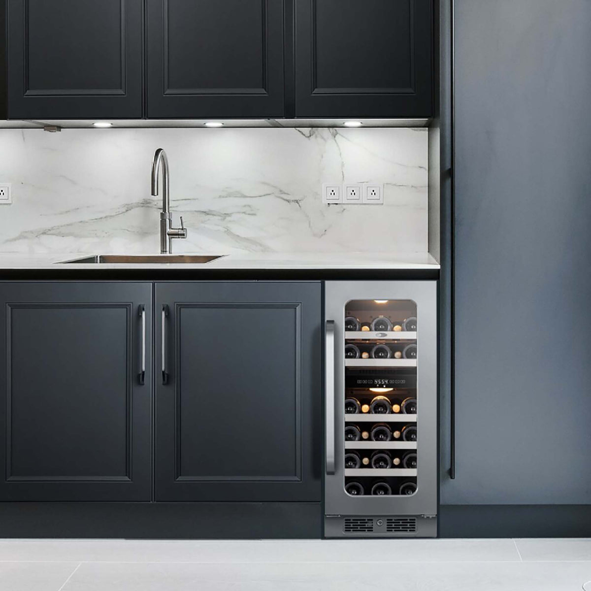 Whynter BSR-029DW 15 inch Built-ln 29 Bottle Undercounter Stainless Steel Wine Fridge with Reversible Door, Digital Control, Lock, and Carbon Filter - front view