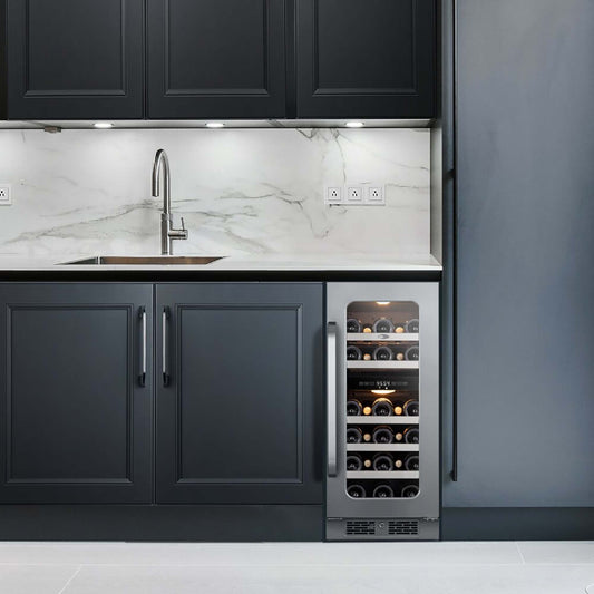 Whynter BSR-029DW 15 inch Built-ln 29 Bottle Undercounter Stainless Steel Wine Fridge with Reversible Door, Digital Control, Lock, and Carbon Filter - front view