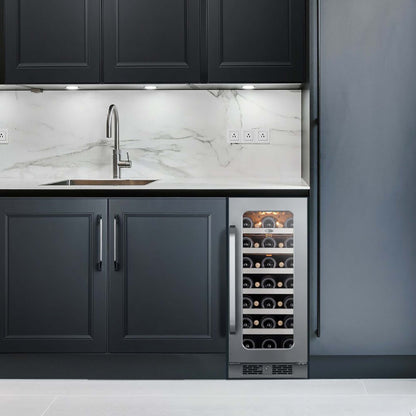 Whynter BSR-033SW 15 inch Built-ln 33 Bottle Undercounter Stainless Steel Wine Fridge with Reversible Door, Digital Control, Lock, and Carbon Filter - front view