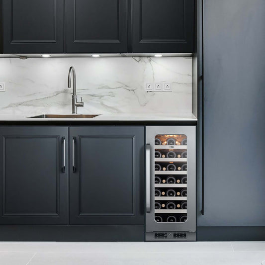 Whynter BSR-033SW 15 inch Built-ln 33 Bottle Undercounter Stainless Steel Wine Fridge with Reversible Door, Digital Control, Lock, and Carbon Filter - front view