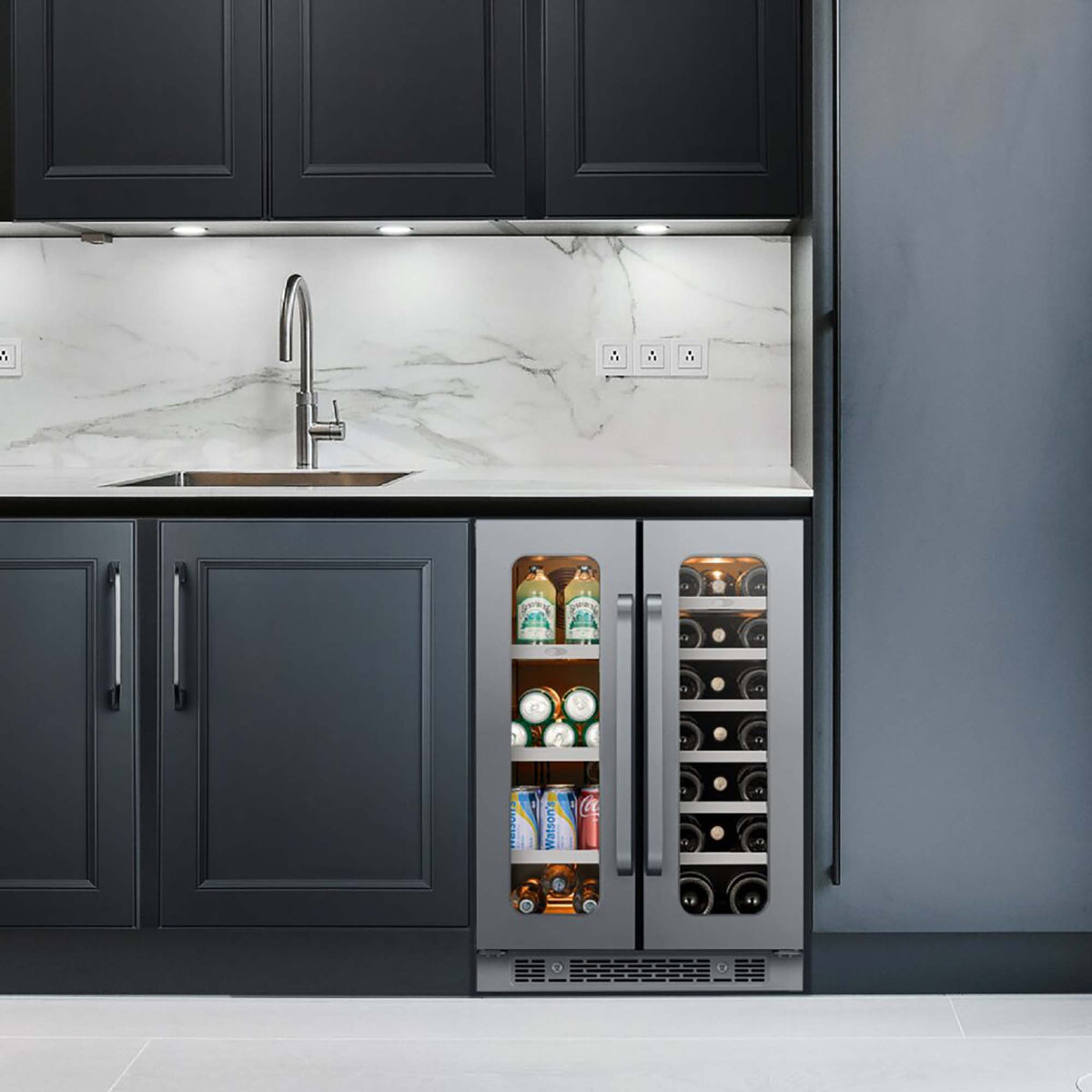 Whynter BSR-6020FDS 24 inch Built-ln Wine Fridge 20 Bottles & 60 Cans Undercounter Stainless Steel Wine Refrigerator with Digital Control, Lock, and Carbon Filter - front view